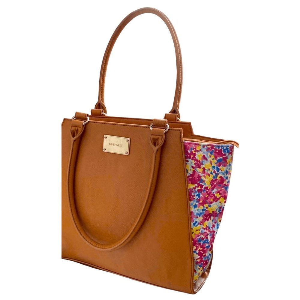Nine West Leather Brown Tan Floral Purse Shoulder Bag Double Strap Large